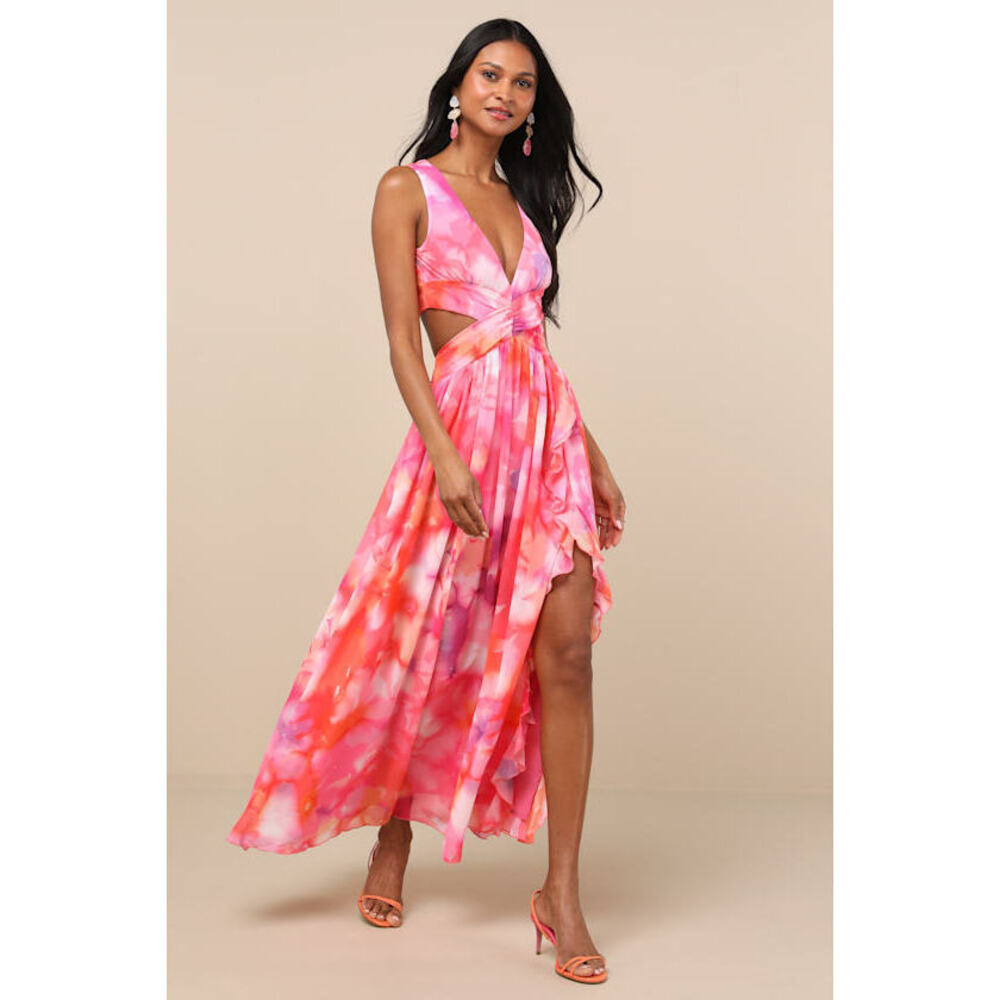 Lulus Elisanna Pink Multi Floral Lace-up Midi Dress - Size XS